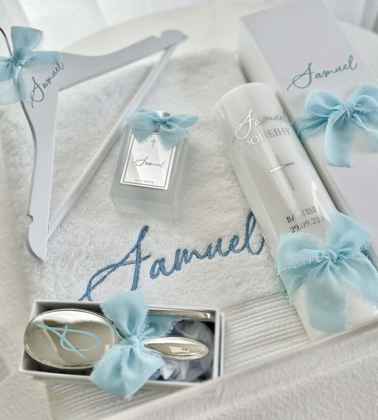 Tall Baptism Pillar Candle - Frayed Silk Ribbon