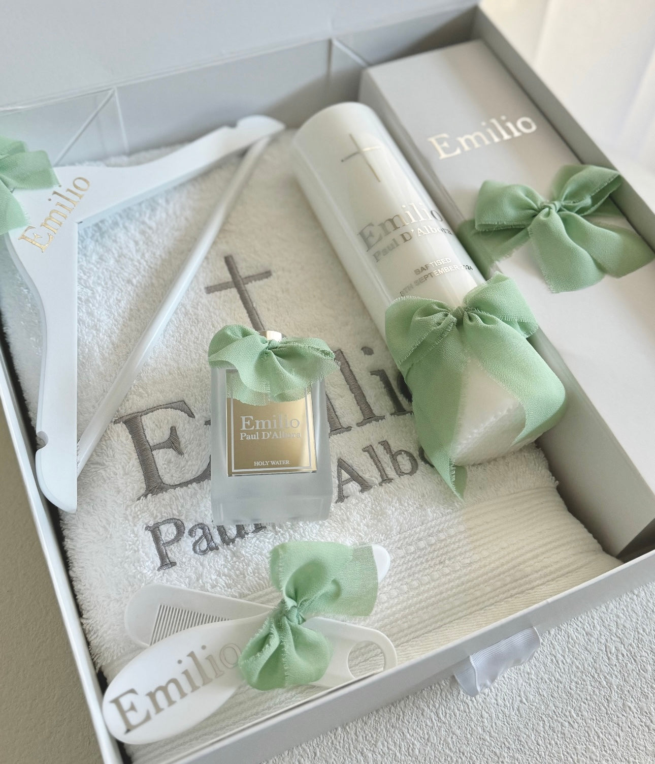 Tall Baptism Pillar Candle - Frayed Silk Ribbon