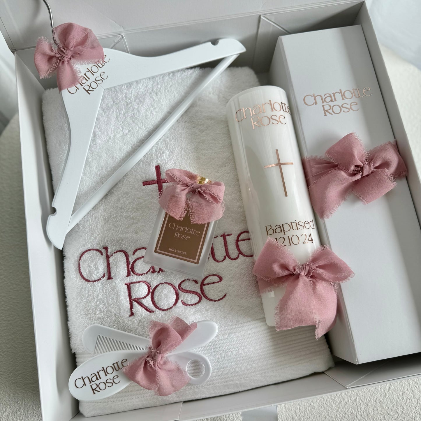 Tall Baptism Pillar Candle - Frayed Silk Ribbon