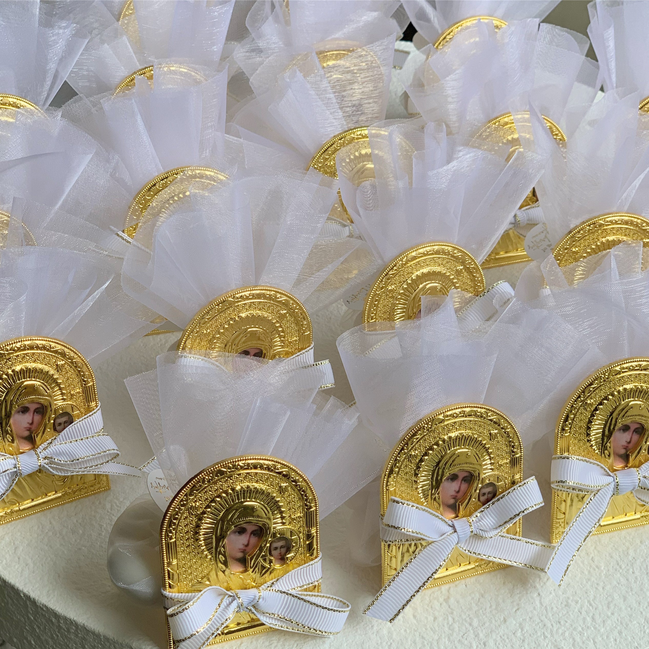 Baby Bomboniere with the icon of Holy Mother and Child Christ - 30 pcs fabric pouches ribbon confetti with tulle guest gift hot