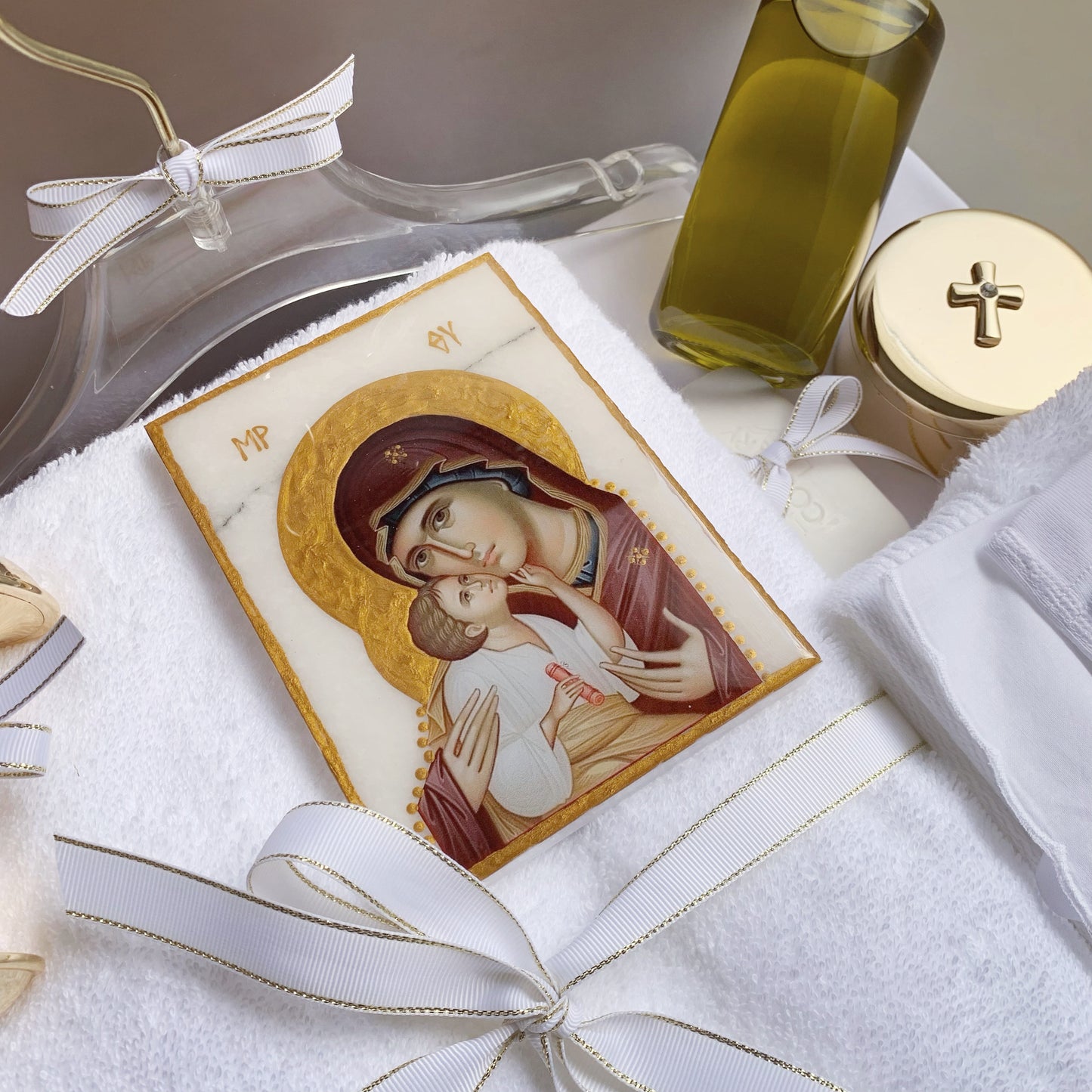 Hand painted Marble Panagia Icon