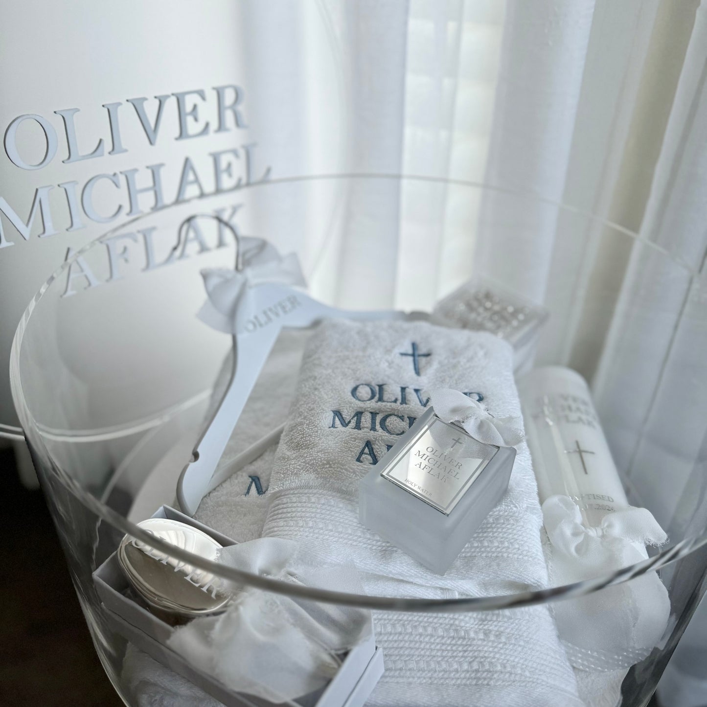 Round Catholic Christening Box Package - Acrylic Box Included