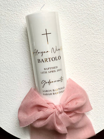 Tall Baptism Pillar Candle - Frayed Silk Ribbon