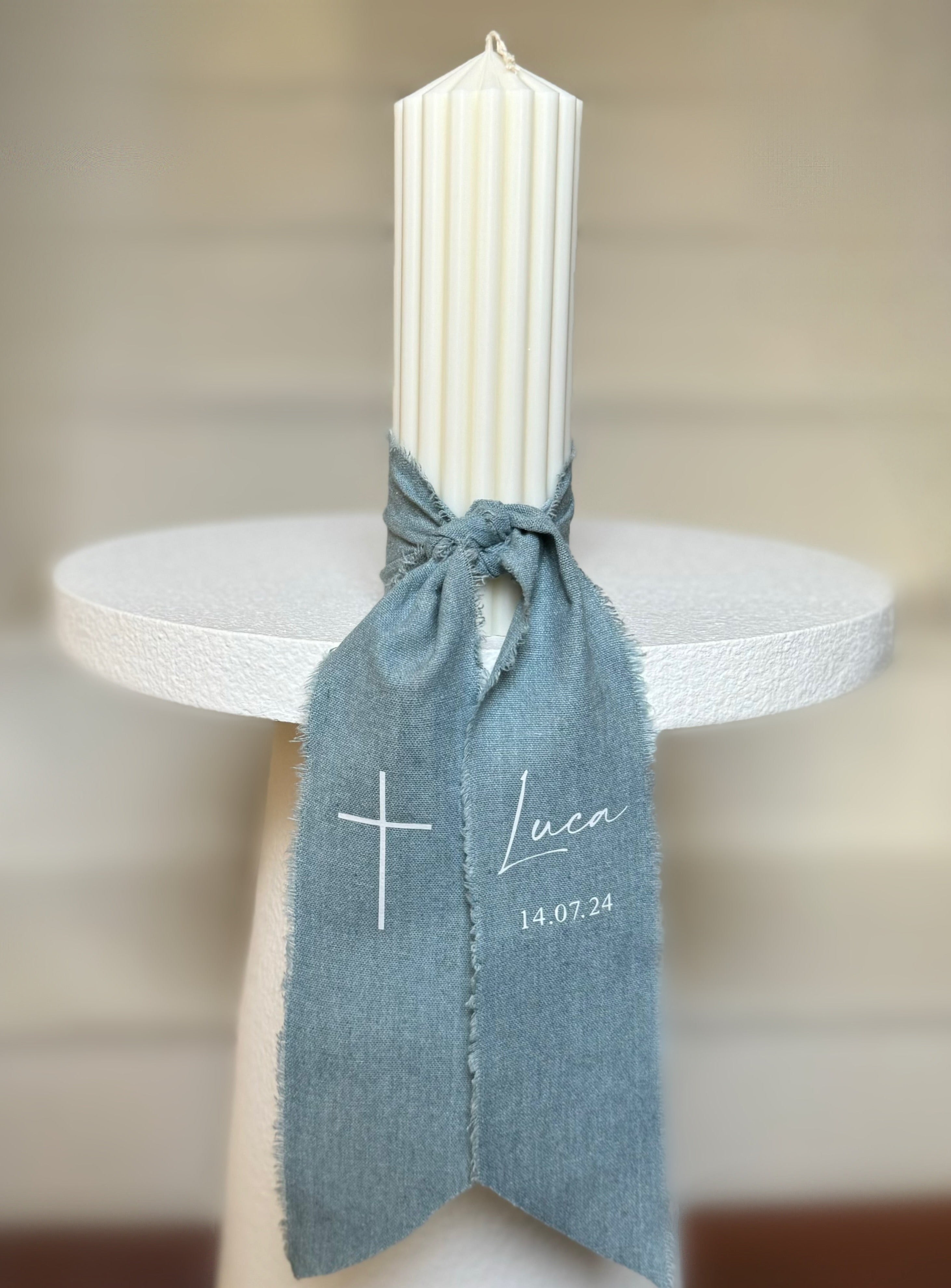Circus Pillar Christening Baptism Candle - Blue Calico Ribbon – All ...