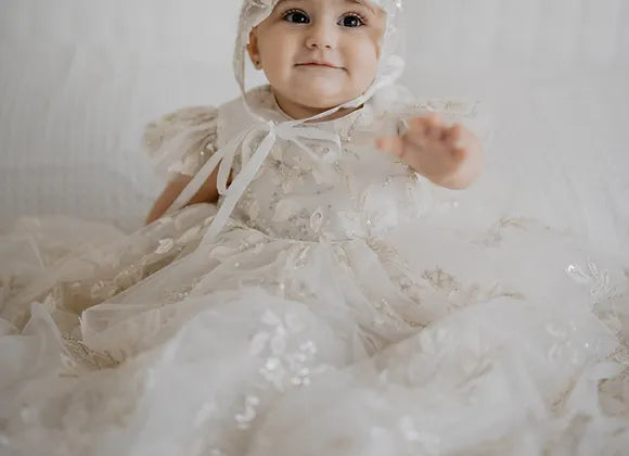 'CORA' Embroidered Beaded Christening Gown