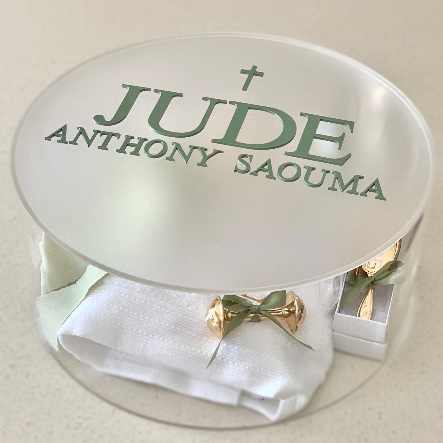 Round Catholic Christening Box Package - Acrylic Box Included